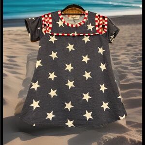 Haptics Patriotic Fun Fireworks 4th July Stars N Stripes Cold Shoulder Top SzSm